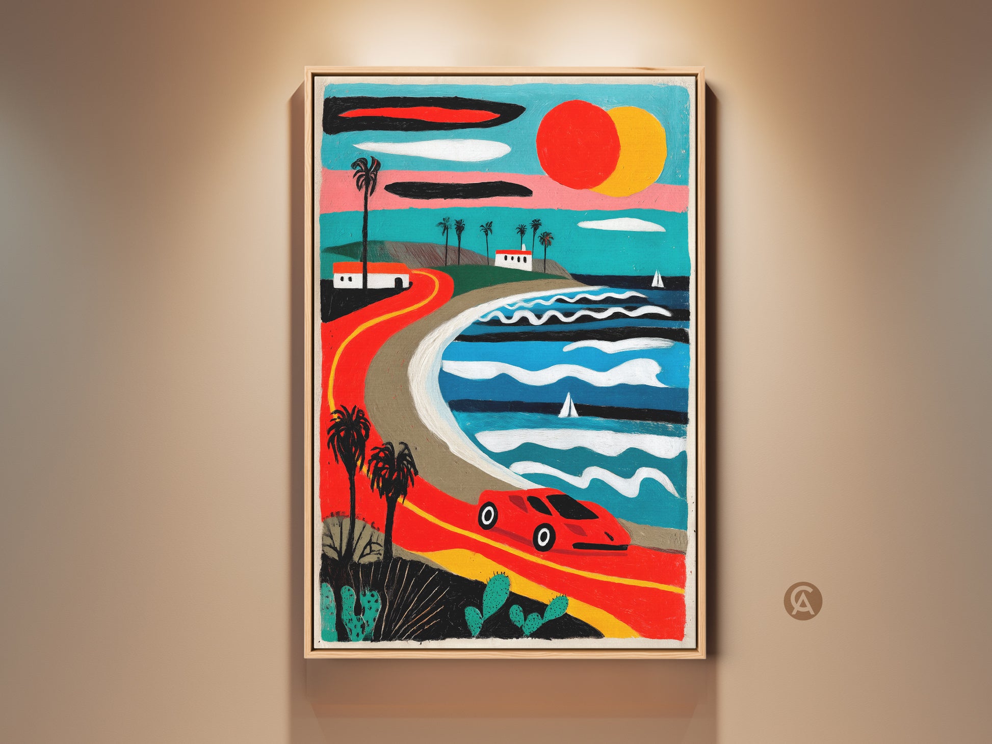 A framed canvas art print showcasing a retro coastal road trip. A red vintage car drives along a coastal road framed by palm trees and vibrant ocean views. This mid-century modern landscape art adds color to any room. Perfect boho decor or a unique gift for car enthusiasts.