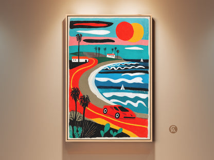 A framed canvas art print showcasing a retro coastal road trip. A red vintage car drives along a coastal road framed by palm trees and vibrant ocean views. This mid-century modern landscape art adds color to any room. Perfect boho decor or a unique gift for car enthusiasts.
