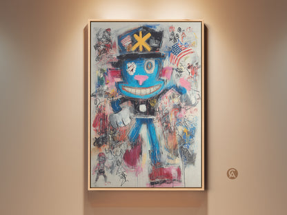 Stretched Canvas art featuring graffiti character art. The eclectic art has blue red and pink colors. This street art wall decor is ready to hang and adds a bold touch to any living room or office. A unique birthday gift canvas for urban art enthusiasts.
