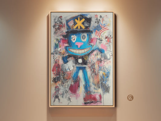 Stretched Canvas art featuring graffiti character art. The eclectic art has blue red and pink colors. This street art wall decor is ready to hang and adds a bold touch to any living room or office. A unique birthday gift canvas for urban art enthusiasts.