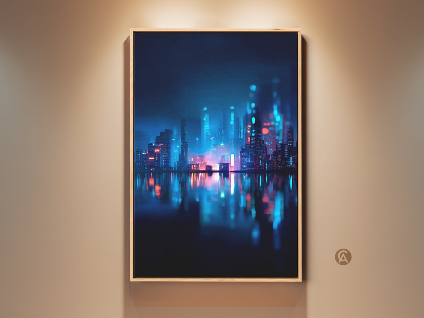 Framed cityscape art print hangs on a neutral wall. This captivating piece features a futuristic city skyline. Neon lights reflect on the water below. The artwork adds a modern touch to any room.
