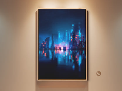 Framed cityscape art print hangs on a neutral wall. This captivating piece features a futuristic city skyline. Neon lights reflect on the water below. The artwork adds a modern touch to any room.