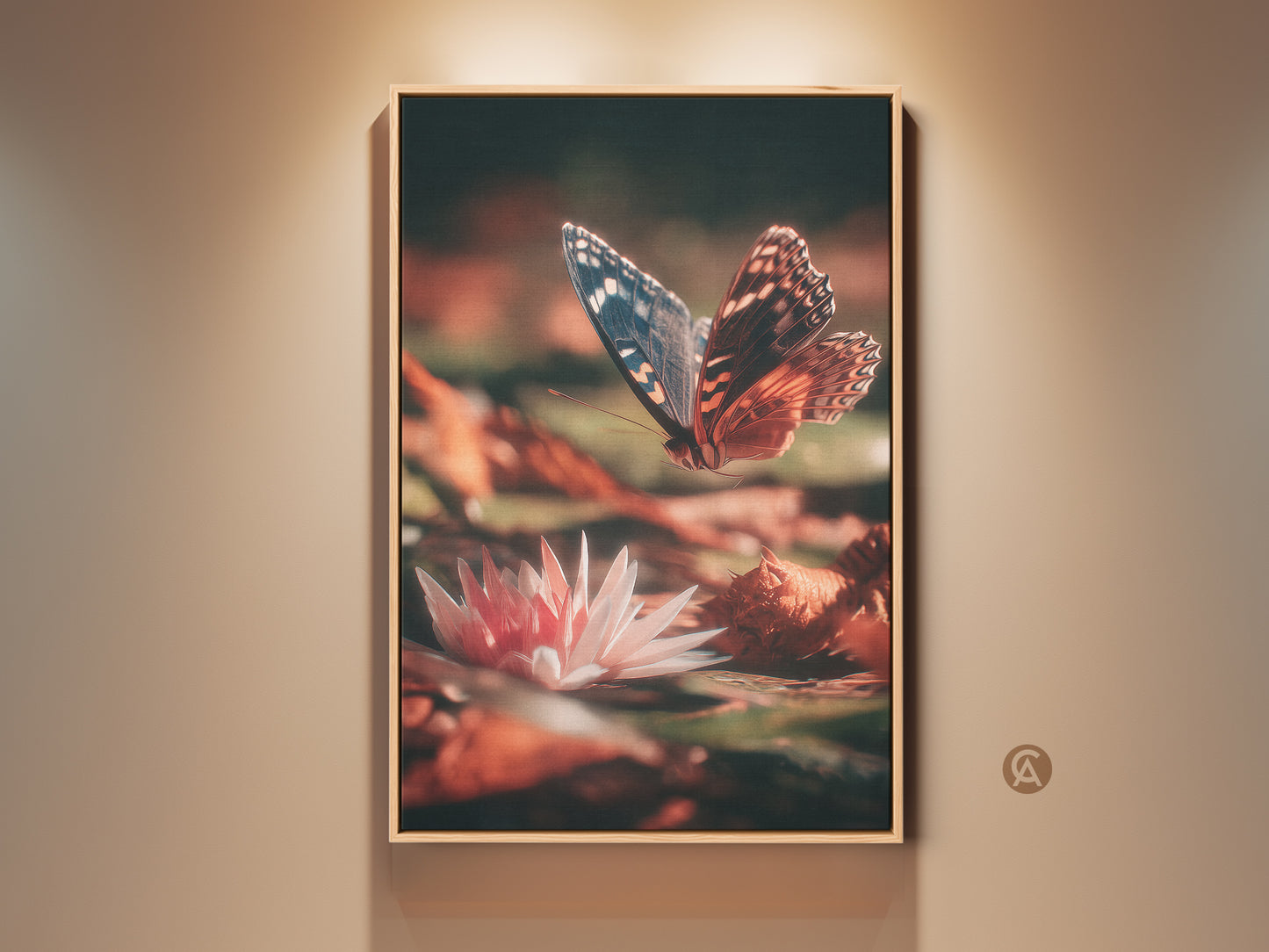 Framed butterfly and water lily art print. This botanical nature canvas wall art showcases an eclectic burnt orange and pink decor style. Perfect for adding artistic nature artwork to any space.