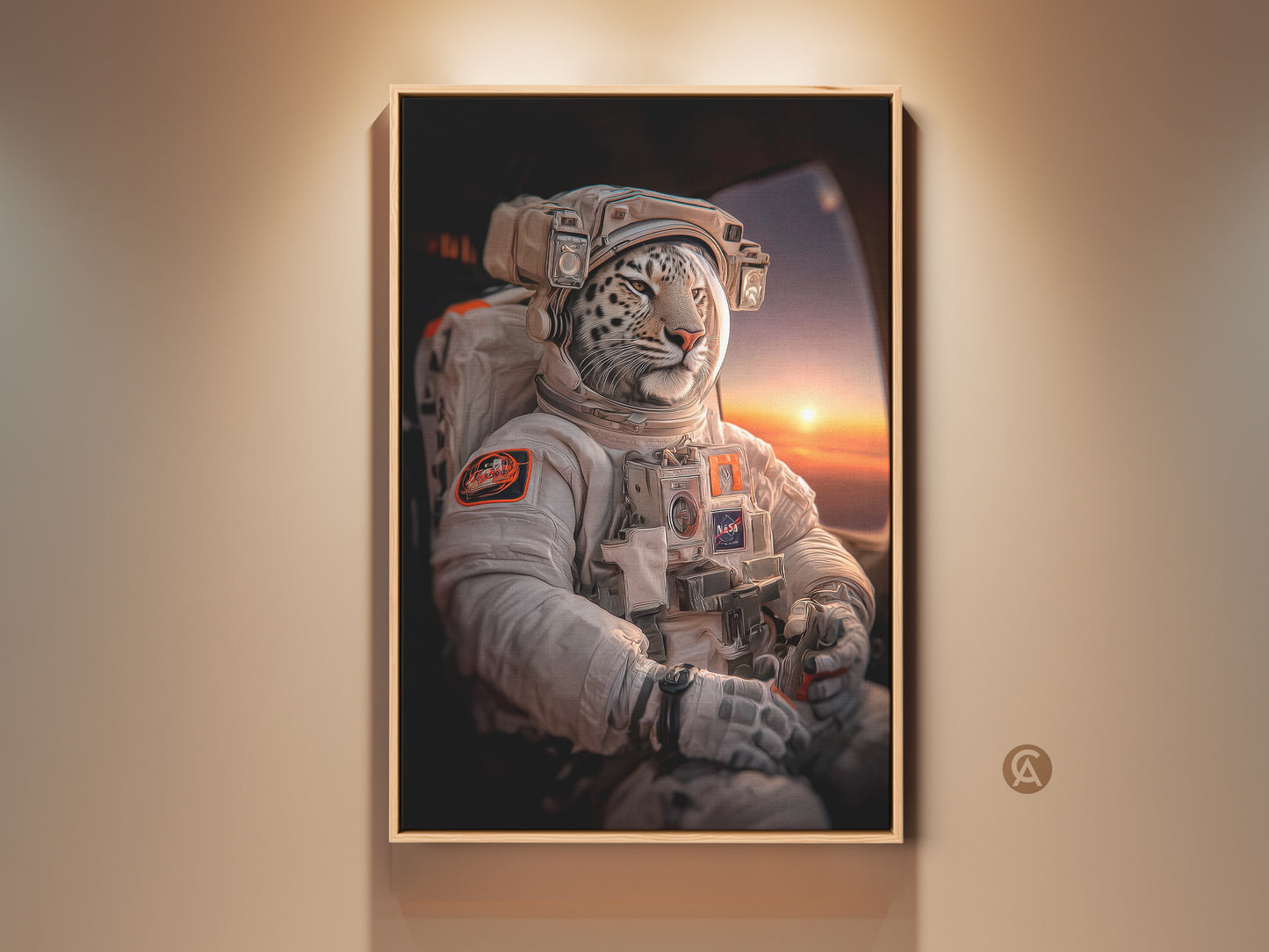 A framed contemporary canvas art piece shows a white leopard astronaut in a detailed space suit. It features a sunset backdrop. This surreal space animal wall print is perfect as unique office decor. This modern sci-fi artwork brings imaginative charm to any room.