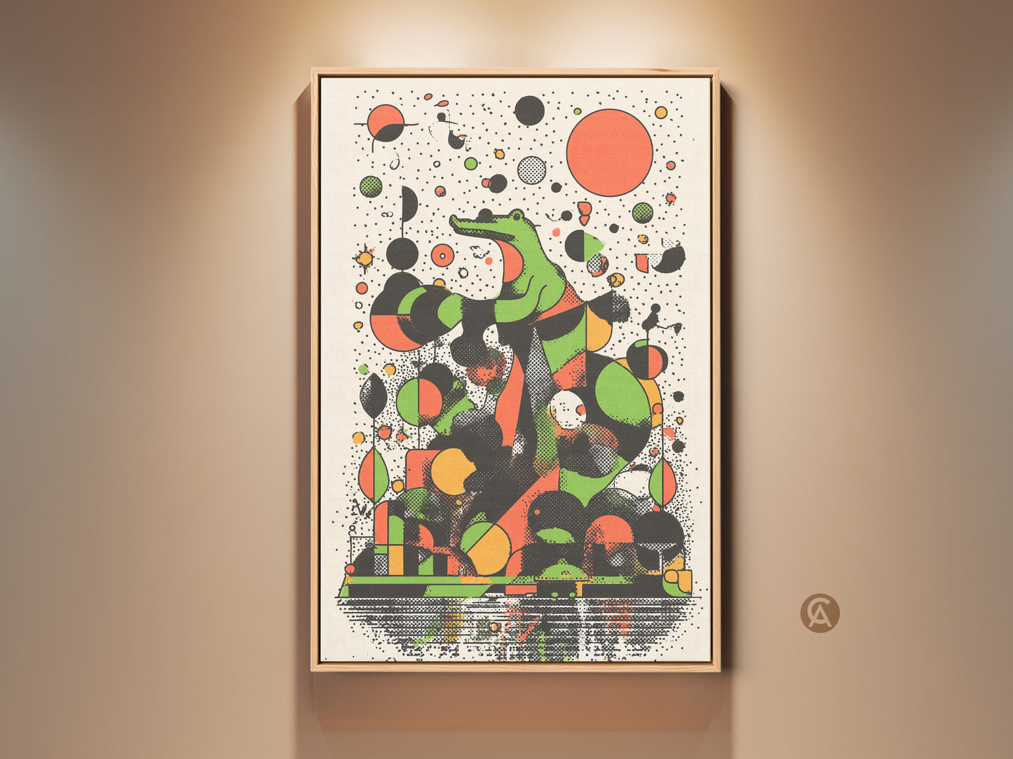 A framed abstract green crocodile artwork hangs on a light brown wall. This retro geometric animal canvas print features an eclectic orange and black color scheme. Perfect wall art for modern office and home spaces.