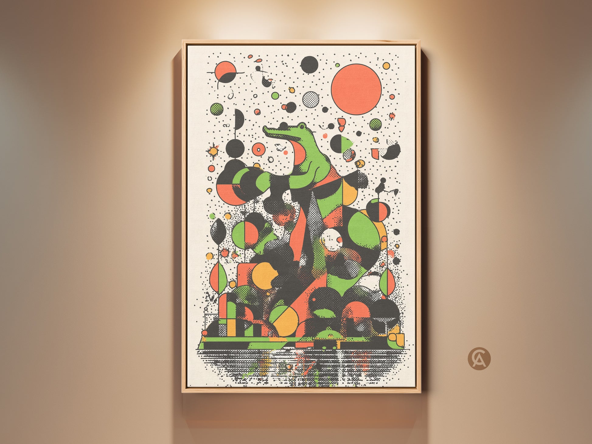 A framed abstract green crocodile artwork hangs on a light brown wall. This retro geometric animal canvas print features an eclectic orange and black color scheme. Perfect wall art for modern office and home spaces.