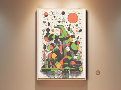 A framed abstract green crocodile artwork hangs on a light brown wall. This retro geometric animal canvas print features an eclectic orange and black color scheme. Perfect wall art for modern office and home spaces.