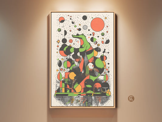 A framed abstract green crocodile artwork hangs on a light brown wall. This retro geometric animal canvas print features an eclectic orange and black color scheme. Perfect wall art for modern office and home spaces.
