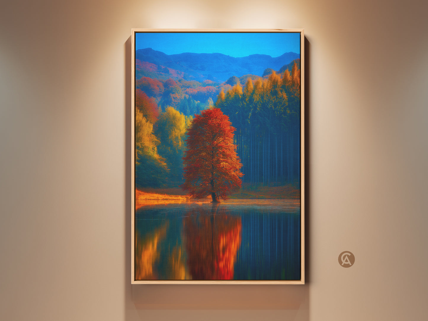 Impressionistic autumn landscape canvas print features a vibrant red tree. This nature artwork reflects in a tranquil lake. Ideal fall decor for bedroom creates a cozy atmosphere. Perfect as a housewarming gift for nature lovers. This wall art brings the beauty of fall indoors.