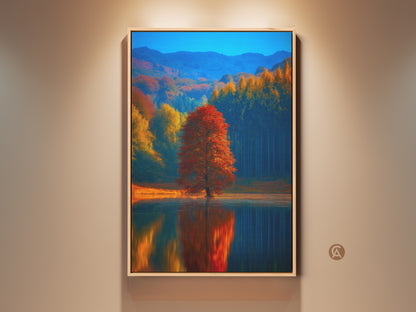 Impressionistic autumn landscape canvas print features a vibrant red tree. This nature artwork reflects in a tranquil lake. Ideal fall decor for bedroom creates a cozy atmosphere. Perfect as a housewarming gift for nature lovers. This wall art brings the beauty of fall indoors.