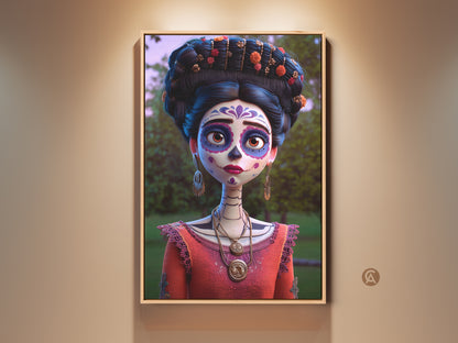 Framed Mexican Sugar Skull art print. Dia de Muertos artwork adds vibrant color to any space. Celebrate Mexican folk art with coral orange purple tones. This cultural art print is perfect for eclectic wall decor. A unique housewarming gift idea.