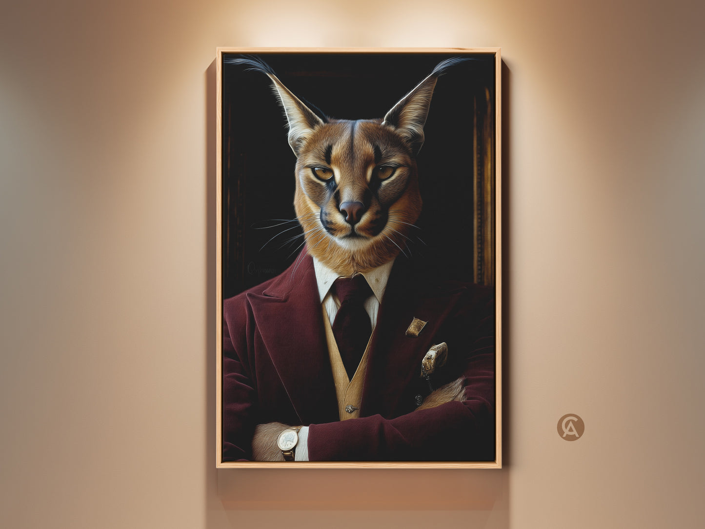 Burgundy Caracal Portrait Framed Canvas Print. This Renaissance animal art features a caracal cat in a tuxedo. The gold detailed art adds classy wall decor. It's a unique gift for animal lovers and a fine art canvas print for any room like the study room or home office wall.