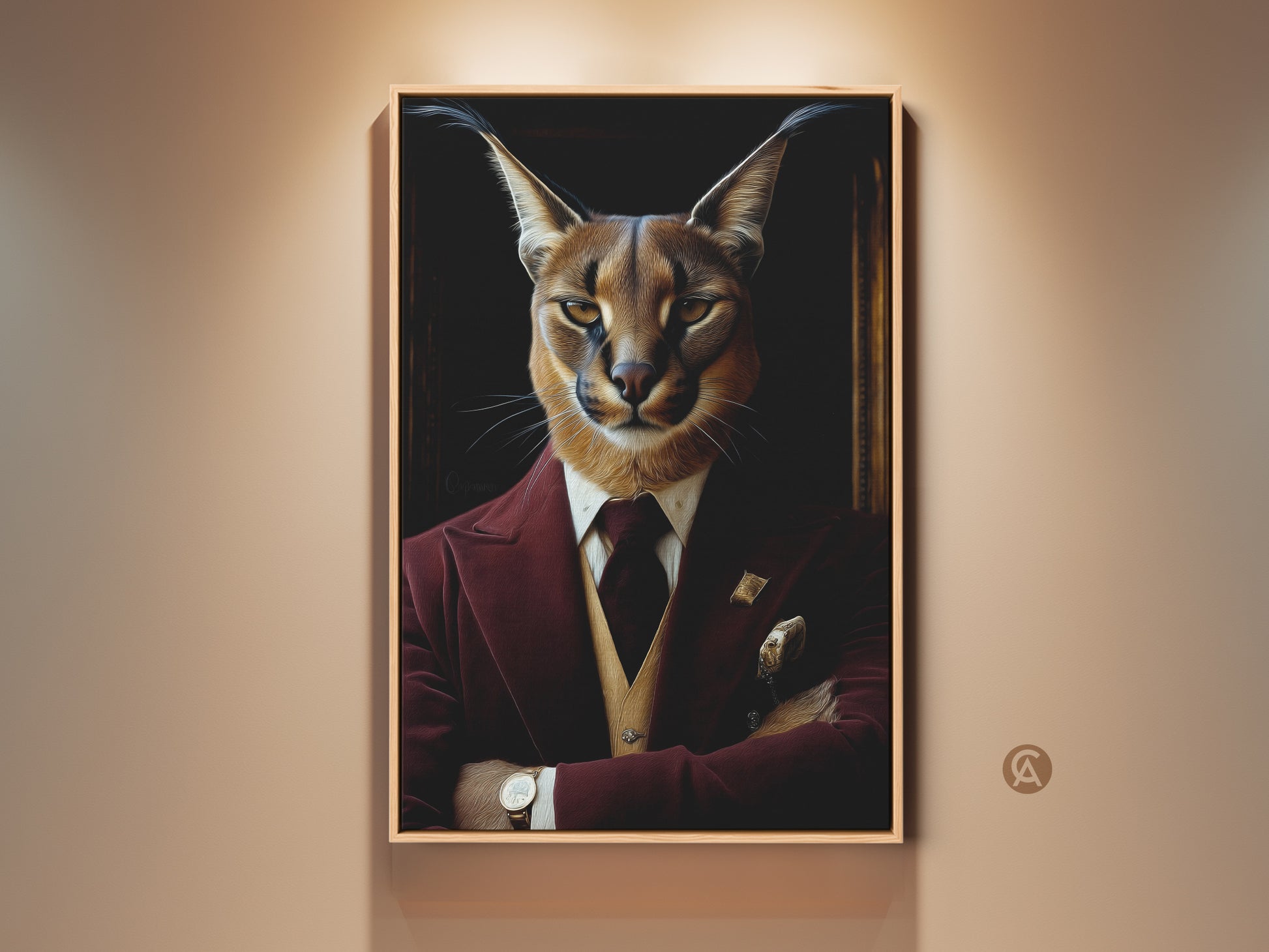 Burgundy Caracal Portrait Framed Canvas Print. This Renaissance animal art features a caracal cat in a tuxedo. The gold detailed art adds classy wall decor. It's a unique gift for animal lovers and a fine art canvas print for any room like the study room or home office wall.