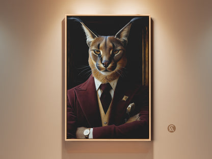 Burgundy Caracal Portrait Framed Canvas Print. This Renaissance animal art features a caracal cat in a tuxedo. The gold detailed art adds classy wall decor. It's a unique gift for animal lovers and a fine art canvas print for any room like the study room or home office wall.