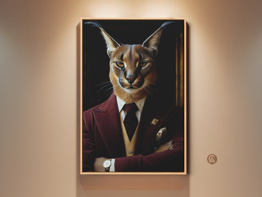 Burgundy Caracal Portrait Framed Canvas Print. This Renaissance animal art features a caracal cat in a tuxedo. The gold detailed art adds classy wall decor. It's a unique gift for animal lovers and a fine art canvas print for any room like the study room or home office wall.