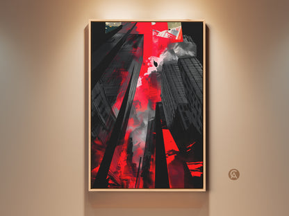 Framed urban collage wall art in a contemporary style. The abstract red and black cityscape print is a modern home accent. It makes a great gift for any city lover.