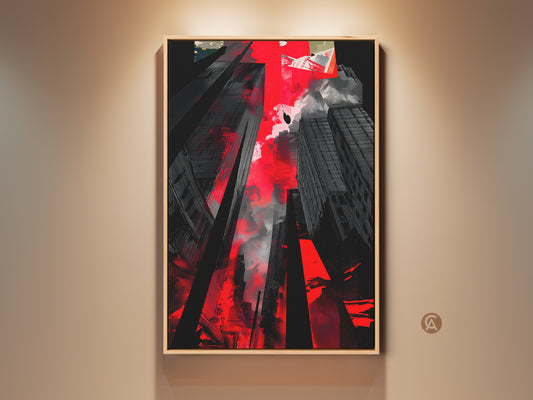 Framed urban collage wall art in a contemporary style. The abstract red and black cityscape print is a modern home accent. It makes a great gift for any city lover.