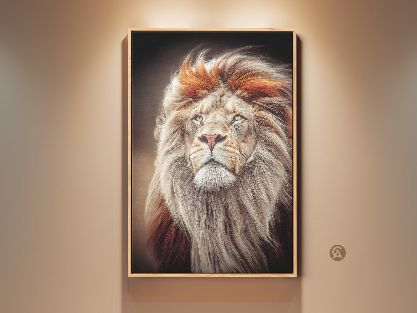 Gallery view of the Lion Wall Art Print. The Gold and Orange Mane is striking. This photorealistic animal portrait makes perfect wildlife office decor. It is also a great gift for animal lovers. The artwork is modern and majestic.