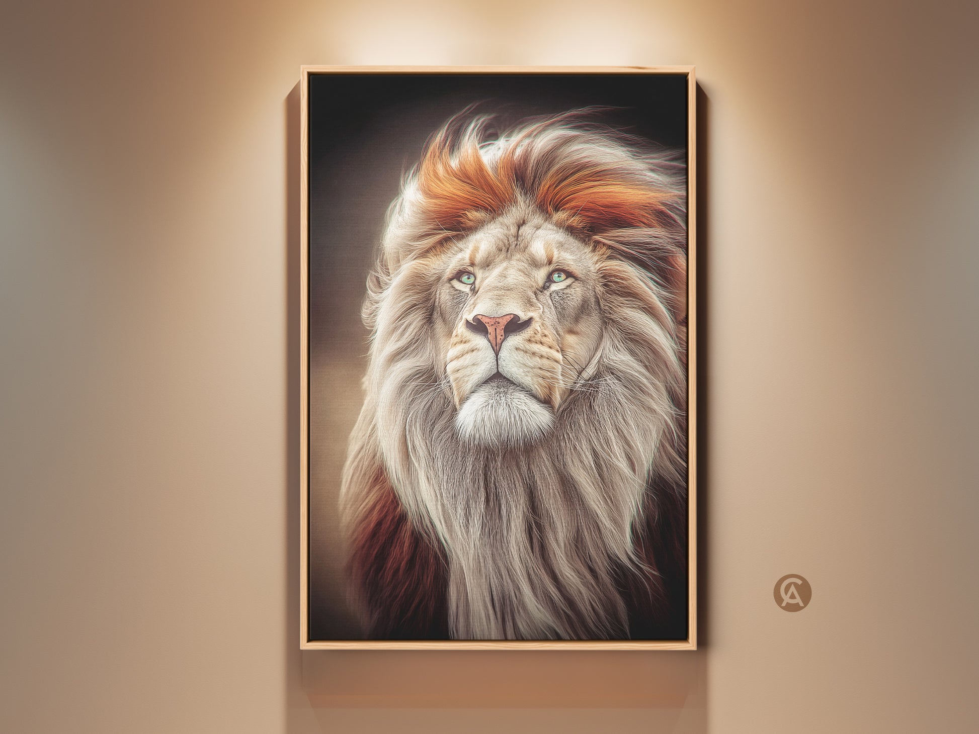 Gallery view of the Lion Wall Art Print. The Gold and Orange Mane is striking. This photorealistic animal portrait makes perfect wildlife office decor. It is also a great gift for animal lovers. The artwork is modern and majestic.