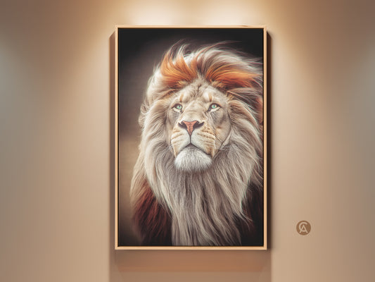 Gallery view of the Lion Wall Art Print. The Gold and Orange Mane is striking. This photorealistic animal portrait makes perfect wildlife office decor. It is also a great gift for animal lovers. The artwork is modern and majestic.