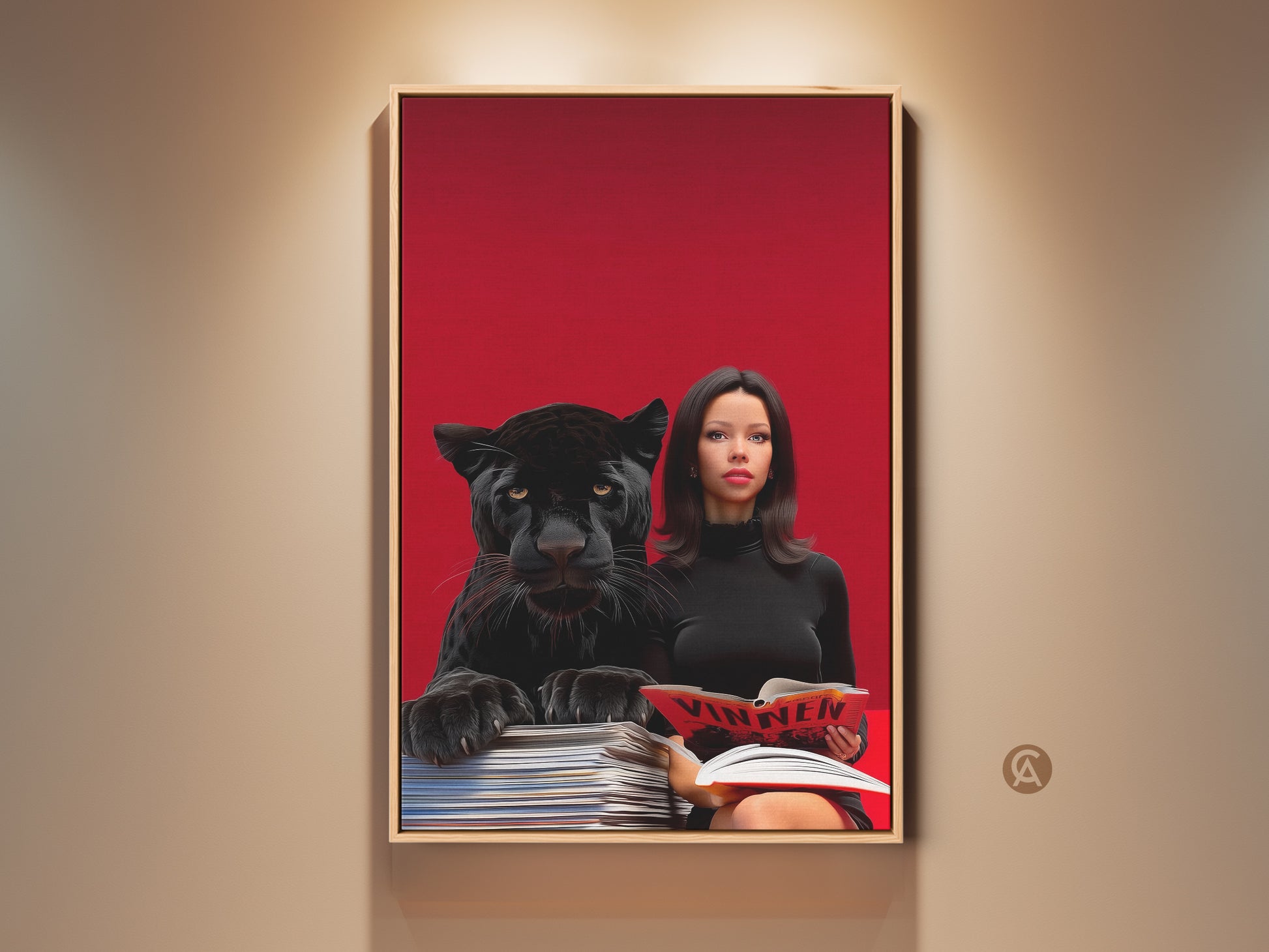 Crimson pop art canvas featuring a woman reading with a black panther. This surreal artwork adds an eclectic touch to any office or home. The bold red background makes it a striking wall hanging gift.