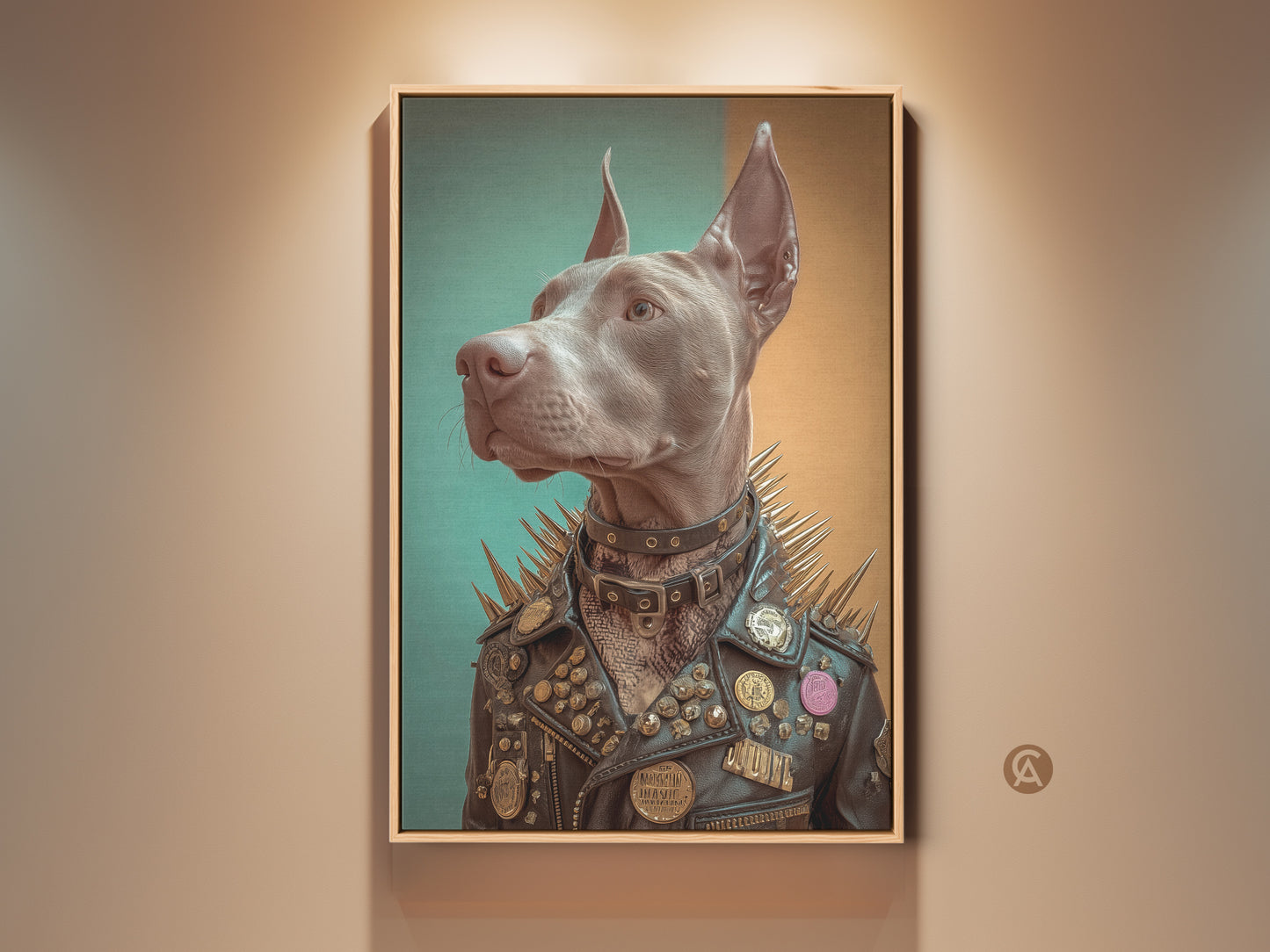 Stretched canvas art featuring a Doberman in a studded leather jacket. This unique punk rock dog artwork adds an eclectic touch to any room. Ready to hang with gallery wrapped edges this Doberman print is great gothic wall decor. The canvas showcases taupe teal and gold tones enhancing its rock music fan appeal.