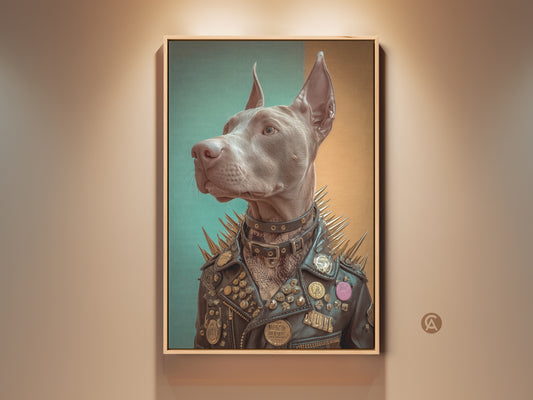 Stretched canvas art featuring a Doberman in a studded leather jacket. This unique punk rock dog artwork adds an eclectic touch to any room. Ready to hang with gallery wrapped edges this Doberman print is great gothic wall decor. The canvas showcases taupe teal and gold tones enhancing its rock music fan appeal.