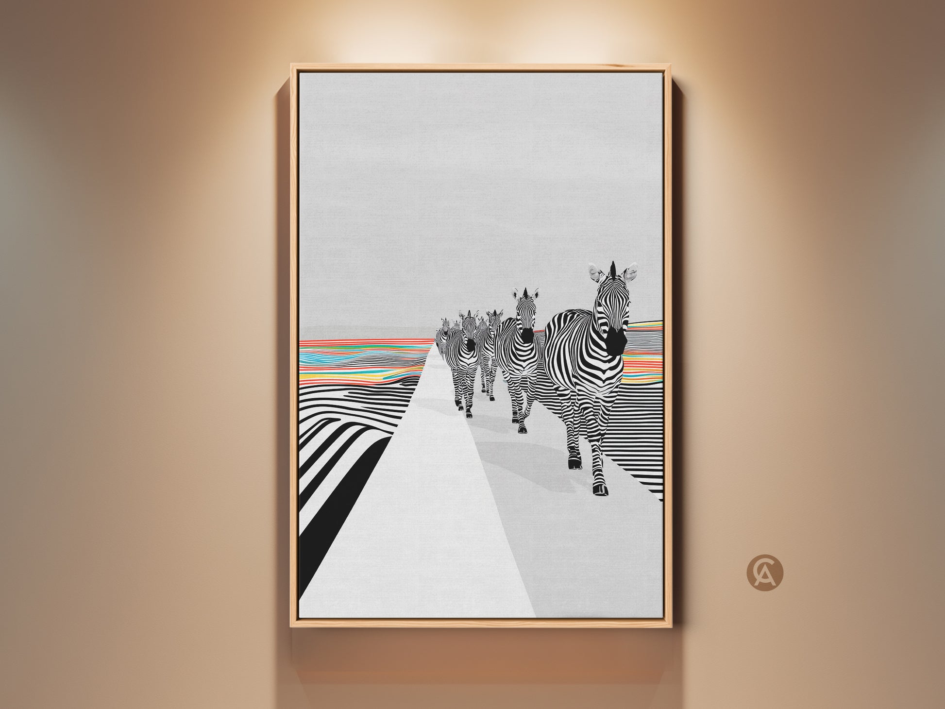 Framed abstract zebra canvas art is on display. The black and white zebras are walking through a striped landscape. The eclectic blend of geometric patterns and animal subject creates a unique look. This modern graphic wall decor adds color to any room. It is the perfect addition to your contemporary home