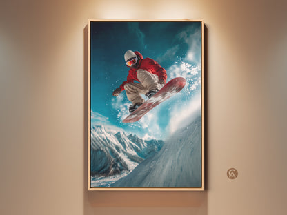 A snowboarder soars through the air in this vibrant artwork. The framed art captures the thrill of winter sports. The athlete is jumping with a mountain backdrop. Perfect wall art for sports enthusiasts. Add an adventurous touch to your home decor with this stunning piece