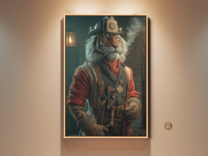 A steampunk tiger wall art canvas in a floating wood frame. The art features a tiger dressed as a firefighter. It's a unique wall hanging perfect for a study or office. The vintage animal artwork adds character to any space. This is a great unusual gift idea.