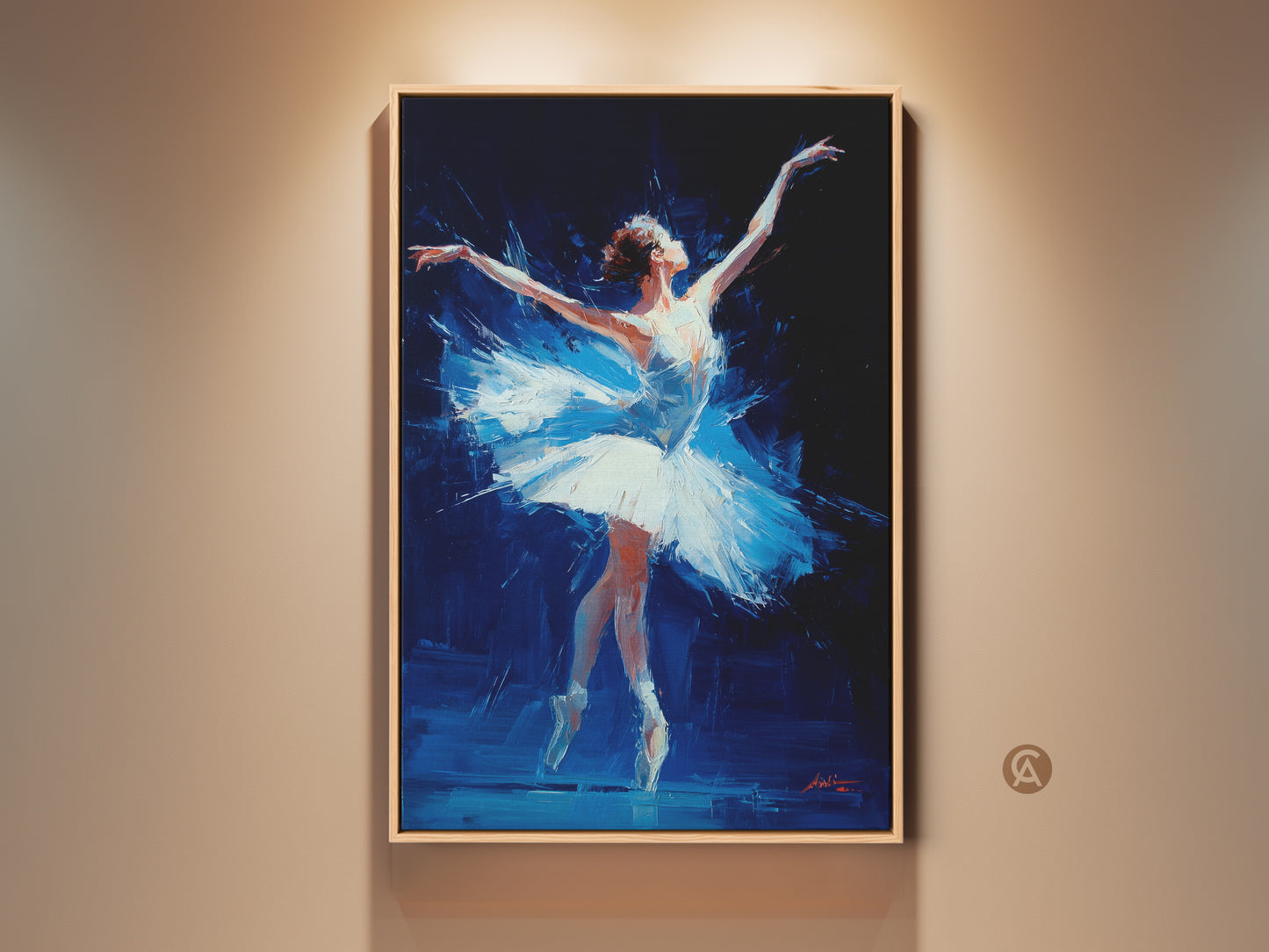 Framed ballerina art print. Oil painting style shows a dancer in motion. The white tutu and dark background create contrast. This ballet artwork adds elegance to any space. Perfect for dance lovers. Shop framed art today