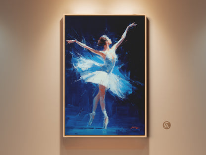 Framed ballerina art print. Oil painting style shows a dancer in motion. The white tutu and dark background create contrast. This ballet artwork adds elegance to any space. Perfect for dance lovers. Shop framed art today