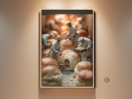 Framed artwork featuring miniature bakers tending to rows of golden brioche. This captivating piece adds a touch of culinary charm to any space. The artwork evokes warmth and nostalgia. Perfect for kitchens and dining areas. Enhance your home decor with this unique culinary art piece.
