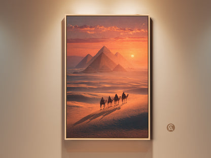 Behold the Egypt Pyramids Camel Sunset artwork. This desert landscape canvas wall art features a golden yellow and orange color scheme. Perfect travel decor for an eclectic home. Bring adventure and ancient history to your entry hall with this housewarming gift idea. See the photorealistic desert and sandy landscape print come to life.