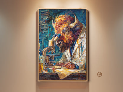 A striking artwork of a buffalo scientist in a lab coat. The buffalo is using a microscope. The art features a unique blend of wildlife and science themes. It is perfect for adding a touch of intellectual curiosity to your wall art collection.