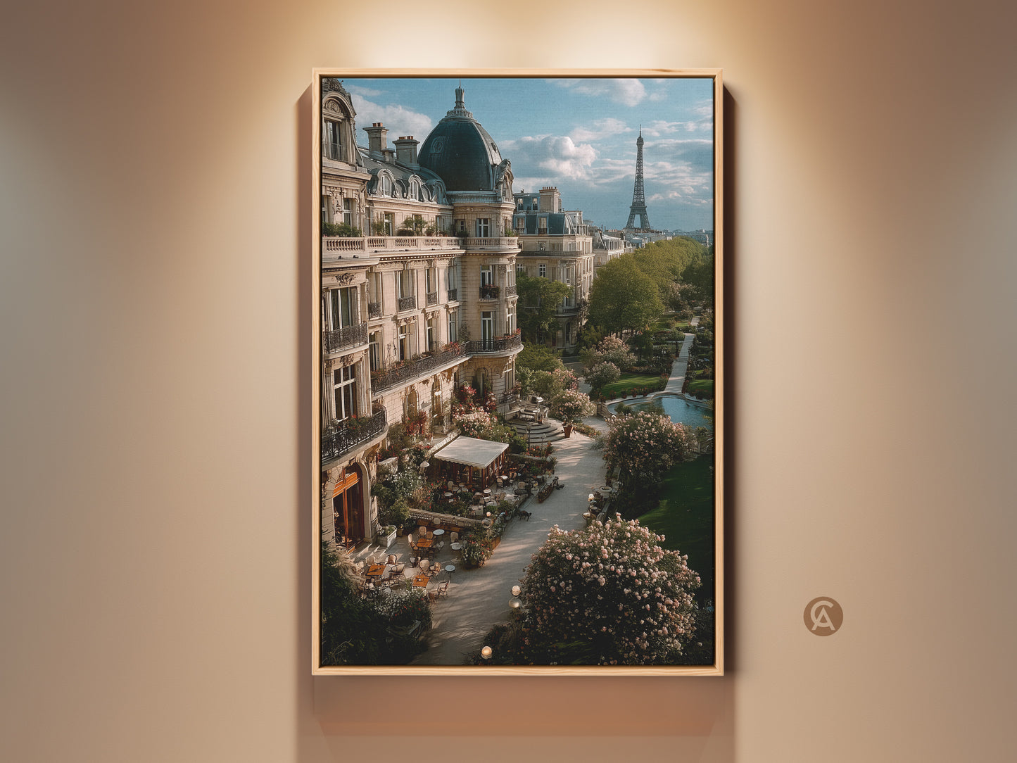 Beige blue and green Eiffel Tower Paris art print. This European cityscape wall decor features a Haussmannian building. It is a contemporary entry hall art piece. A perfect French travel gift or housewarming gift Paris.