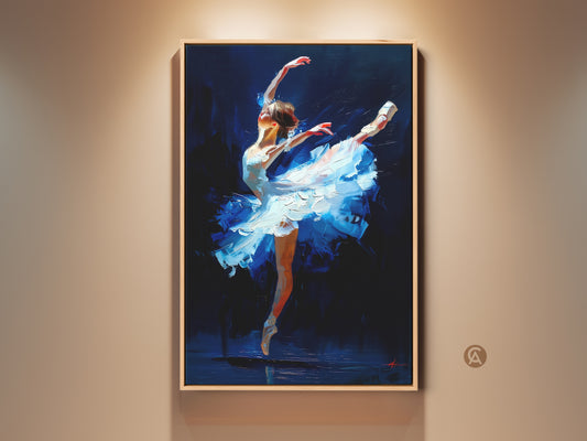 Framed ballet dancer artwork. The ballerina is in a graceful pose. The painting features expressive brushstrokes and rich color. This wall art adds elegance to any space. Shop Now.