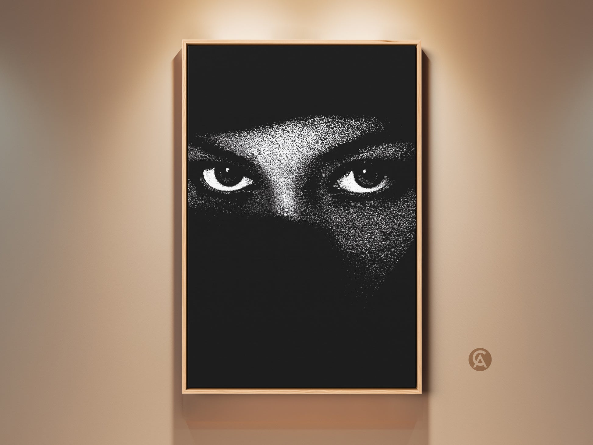 Framed monochrome eyes wall art is showcased. The abstract face canvas print brings minimalist portrait art. Black and white bedroom decor makes for contemporary living room art. The high contrast artwork adds a mystery theme. It is a perfect gift for art lovers to add neutral wall decor.