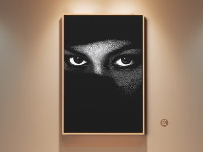Framed monochrome eyes wall art is showcased. The abstract face canvas print brings minimalist portrait art. Black and white bedroom decor makes for contemporary living room art. The high contrast artwork adds a mystery theme. It is a perfect gift for art lovers to add neutral wall decor.
