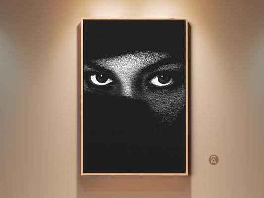 Framed monochrome eyes wall art is showcased. The abstract face canvas print brings minimalist portrait art. Black and white bedroom decor makes for contemporary living room art. The high contrast artwork adds a mystery theme. It is a perfect gift for art lovers to add neutral wall decor.
