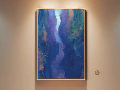 Gallery view of a framed fluid abstract canvas print. The artwork showcases deep blue purple teal tones. It resembles a textured river canyon. Perfect contemporary home decor for bedroom wall art.