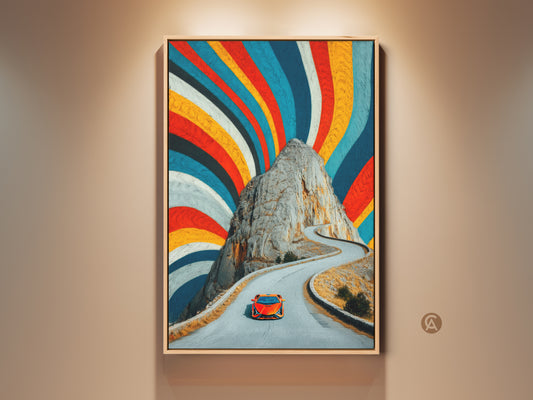 A framed canvas art print features a vibrant orange sports car. The car drives on a winding mountain road with an abstract colorful sky overhead. This eclectic home style mid-century modern artwork adds energy to any office or living space.