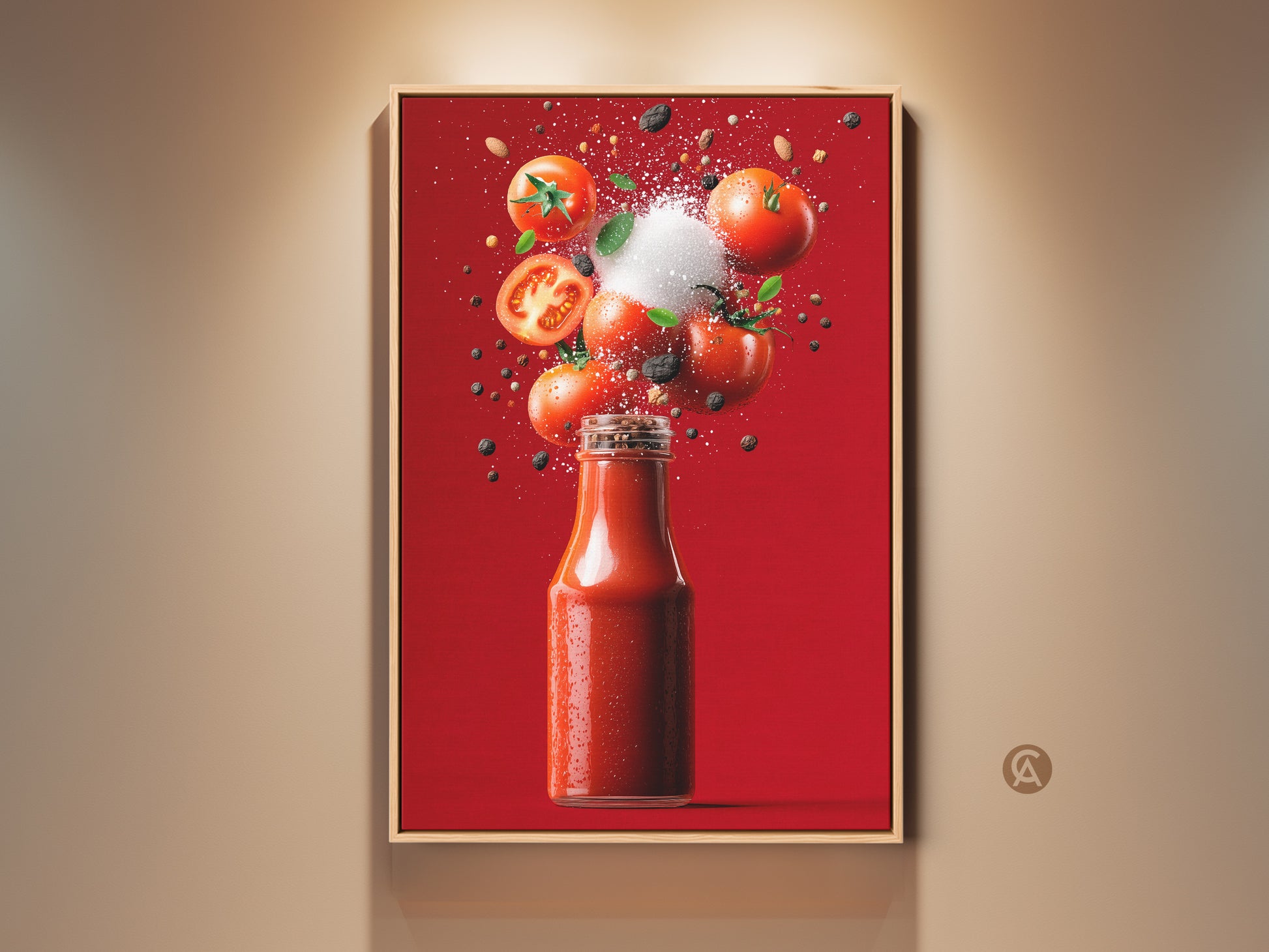 Tomato Ketchup Still Life artwork. This framed artwork shows a ketchup bottle with fresh tomatoes. It includes spices frozen in mid-air against a vibrant red backdrop. Perfect kitchen art. Shop now for a unique piece.