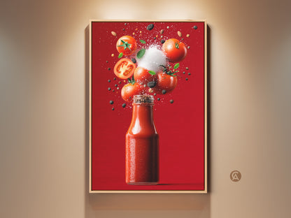 Tomato Ketchup Still Life artwork. This framed artwork shows a ketchup bottle with fresh tomatoes. It includes spices frozen in mid-air against a vibrant red backdrop. Perfect kitchen art. Shop now for a unique piece.