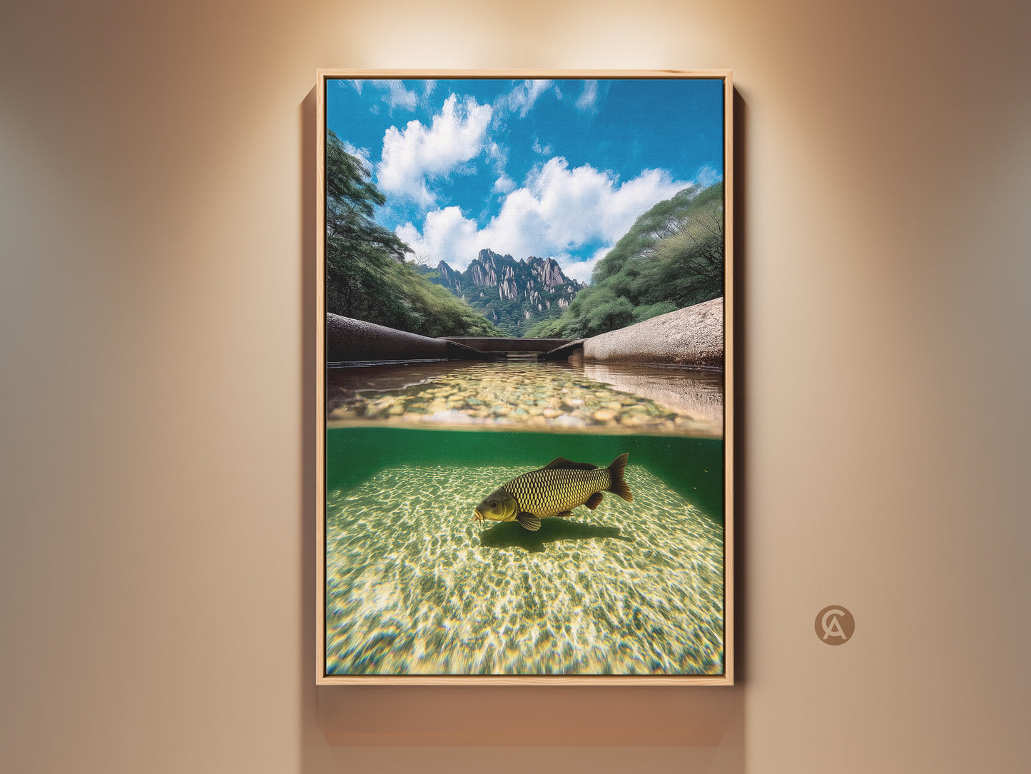 Realistic split view artwork showcasing a carp swimming underwater. Above the water are majestic mountains under a blue sky. This nature wildlife canvas print brings an element of the outdoors to any room with a modern aesthetic. It is perfect for nature and fishing enthusiasts.