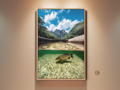 Realistic split view artwork showcasing a carp swimming underwater. Above the water are majestic mountains under a blue sky. This nature wildlife canvas print brings an element of the outdoors to any room with a modern aesthetic. It is perfect for nature and fishing enthusiasts.
