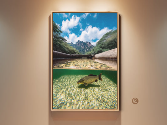 Realistic split view artwork showcasing a carp swimming underwater. Above the water are majestic mountains under a blue sky. This nature wildlife canvas print brings an element of the outdoors to any room with a modern aesthetic. It is perfect for nature and fishing enthusiasts.