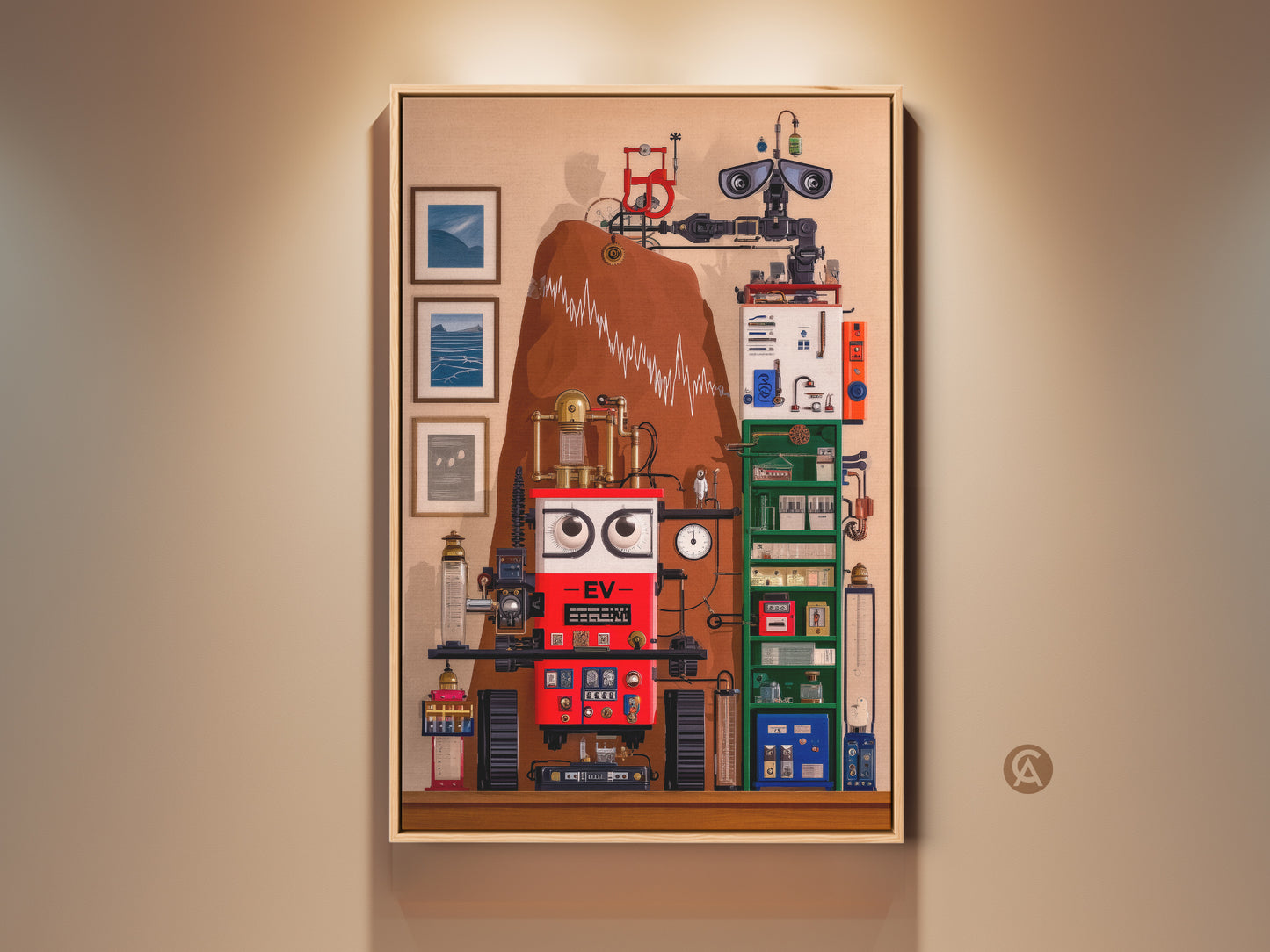 This surreal steampunk robot canvas print features intricate gears. Red blue and brown add an eclectic feel. It is the perfect office decor for tech enthusiasts. This unique wall artwork blends surrealism and steampunk styles. It's an ideal birthday gift for gadget and machine lovers.