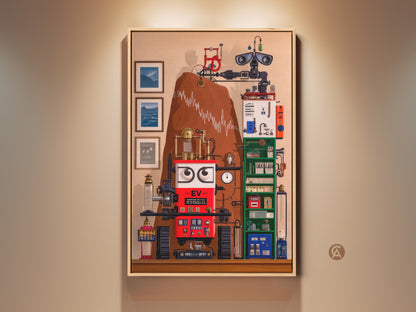 This surreal steampunk robot canvas print features intricate gears. Red blue and brown add an eclectic feel. It is the perfect office decor for tech enthusiasts. This unique wall artwork blends surrealism and steampunk styles. It's an ideal birthday gift for gadget and machine lovers.