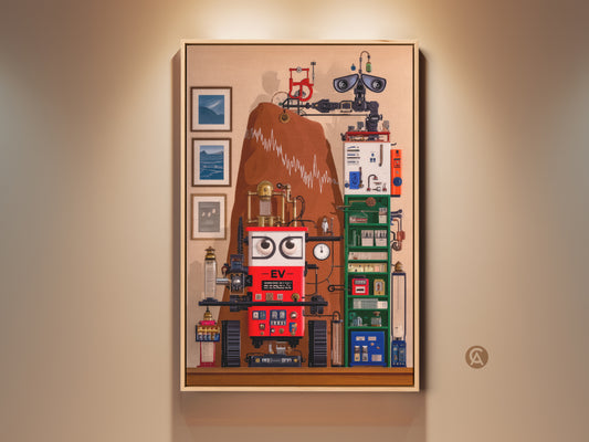 This surreal steampunk robot canvas print features intricate gears. Red blue and brown add an eclectic feel. It is the perfect office decor for tech enthusiasts. This unique wall artwork blends surrealism and steampunk styles. It's an ideal birthday gift for gadget and machine lovers.